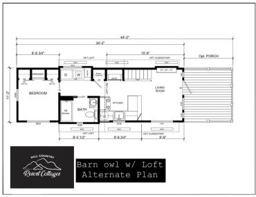 Floor plan of a Barn Owl cottage with loft and porch layout.