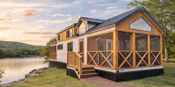 A cozy lakeside cabin with a screened porch at sunset.