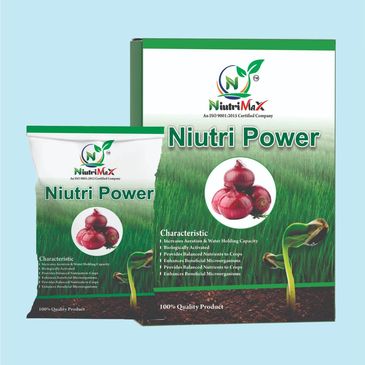 Niutri Power agricultural product packaging with onion and seedling imagery.