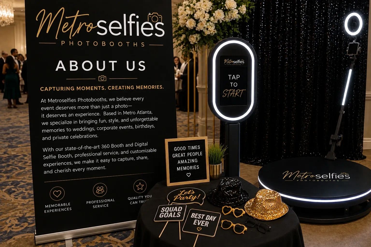 Photo booth setup with props and informational sign.