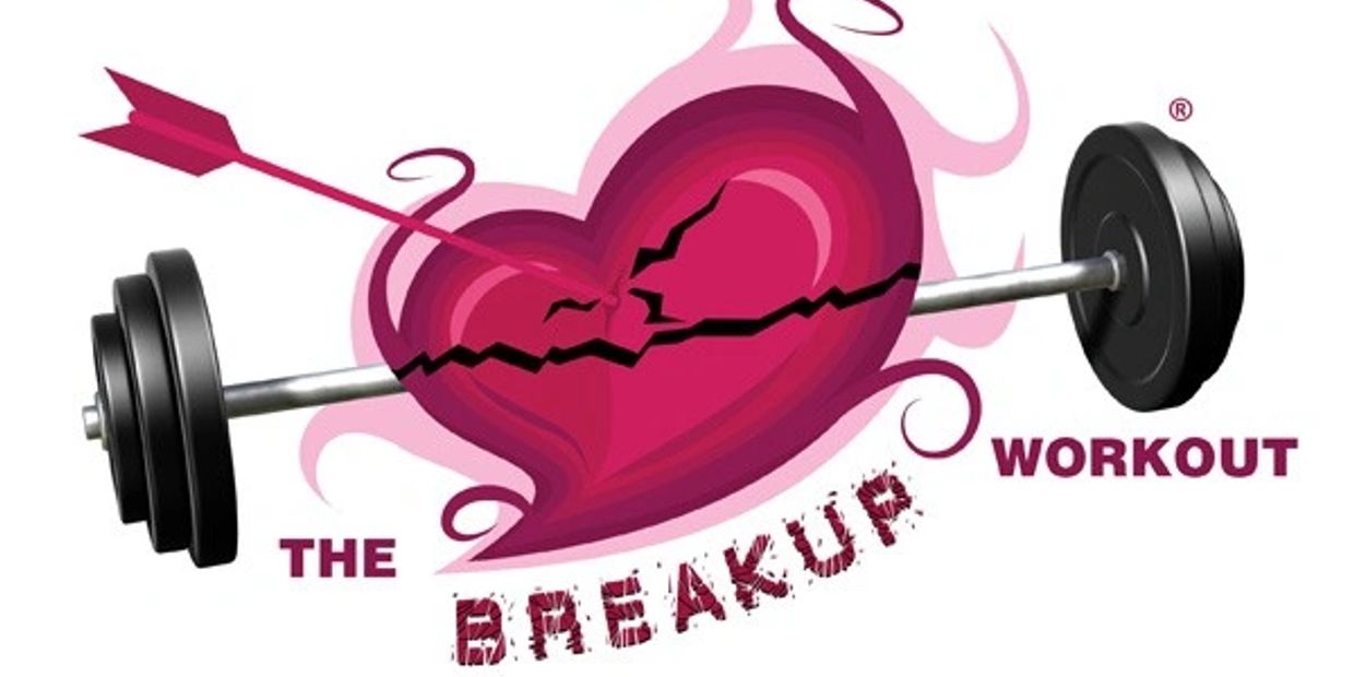 A cracked heart pierced by an arrow and barbell, symbolizing 'The Breakup Workout'.