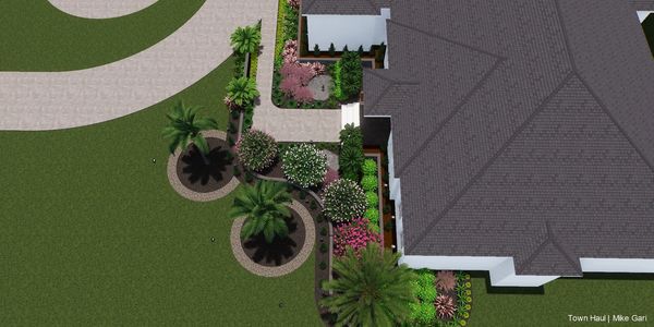 Aerial view of a landscaped garden around a house.