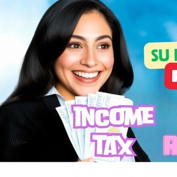 Woman smiling holding money labeled Income Tax.