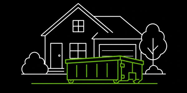Outline of a house with a green dumpster in front.