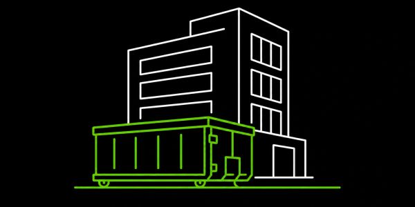 Neon-style building outline with a green dumpster in front on a black background.