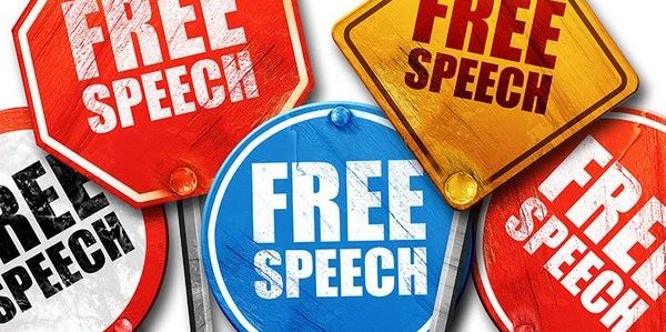 Various colorful signs all displaying the phrase 'FREE SPEECH'.