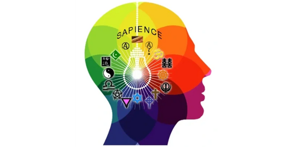 Colorful human head silhouette filled with various religious and philosophical symbols around the word 'SAPIENCE'.