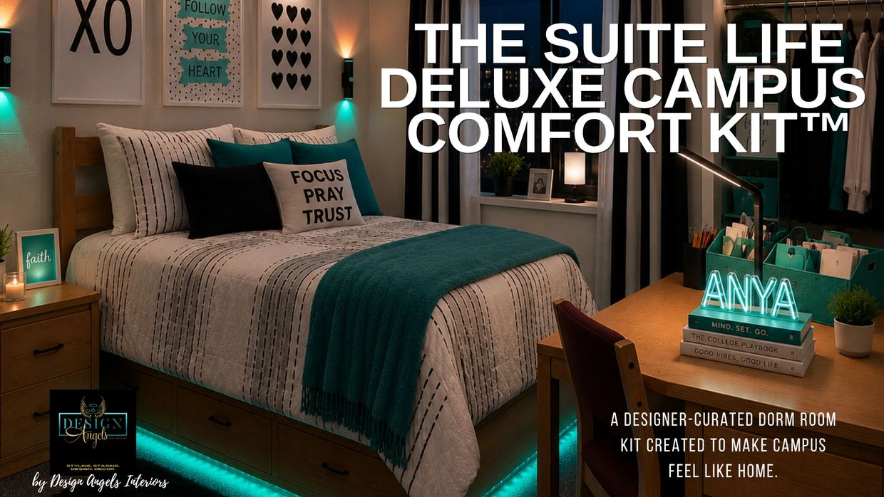 Cozy, stylish dorm room with inspirational decor and teal accents.