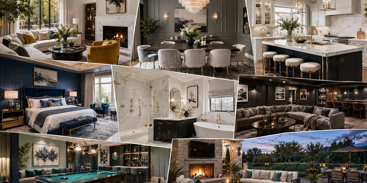 Collage of luxurious home interiors including living rooms, kitchen, bedroom, bathroom, and outdoor space.