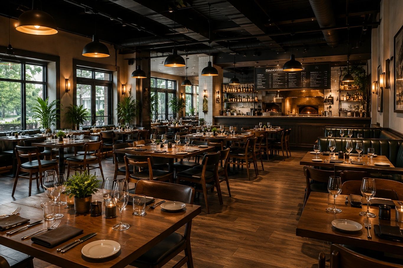 Cozy, elegant restaurant interior with wooden tables and warm lighting.