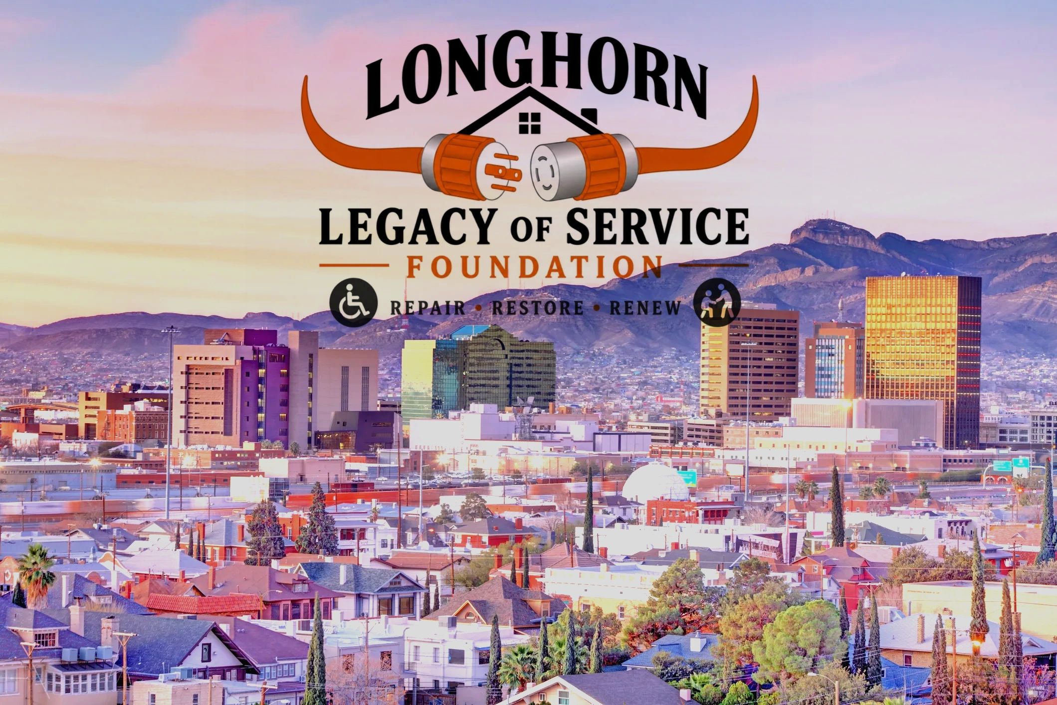 Longhorn Legacy of Service Foundation logo over a cityscape.