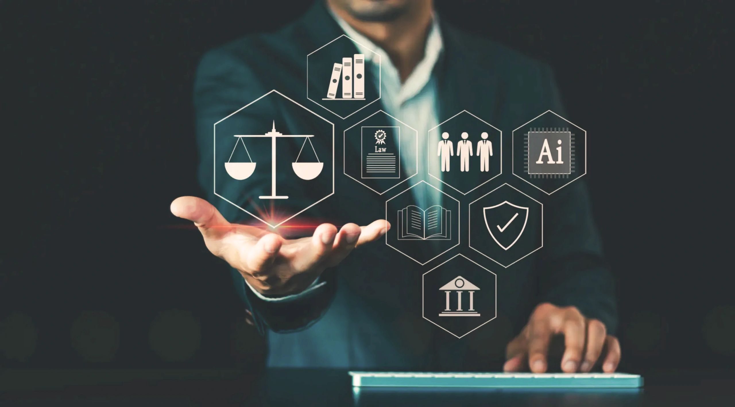 Man in suit presenting virtual legal and AI icons with an open hand.
