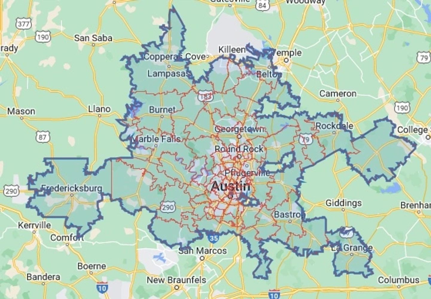 Our Service area in the greater austin area.
