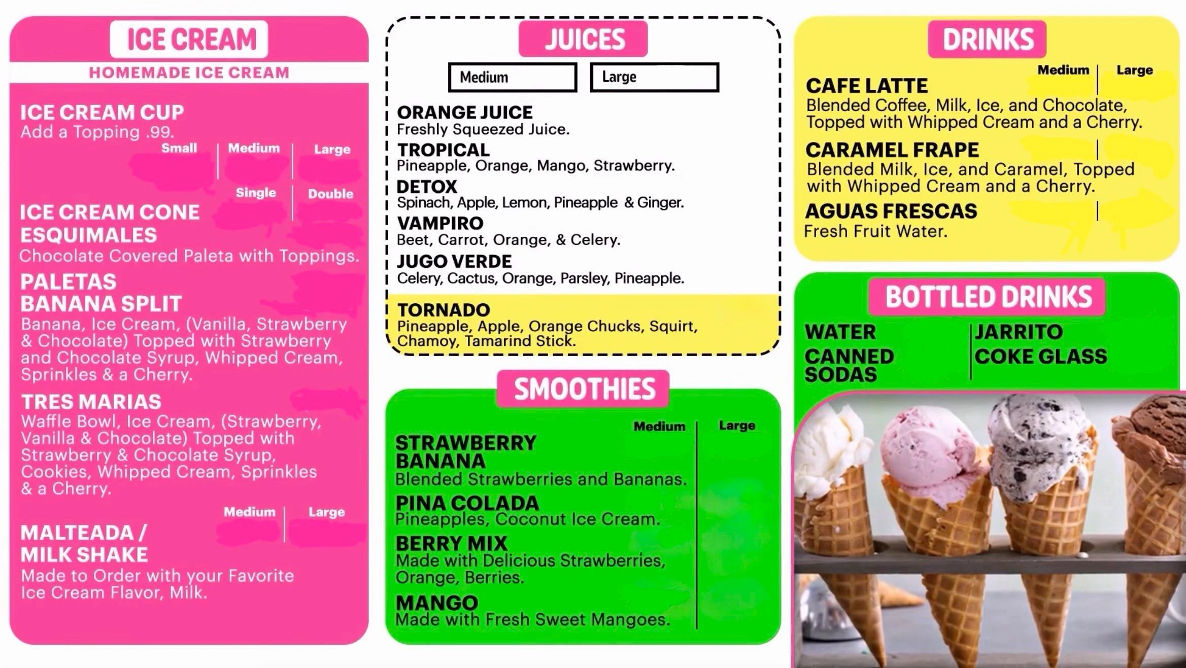 Colorful menu featuring ice cream, juices, smoothies, drinks, and bottled drinks with detailed descriptions.