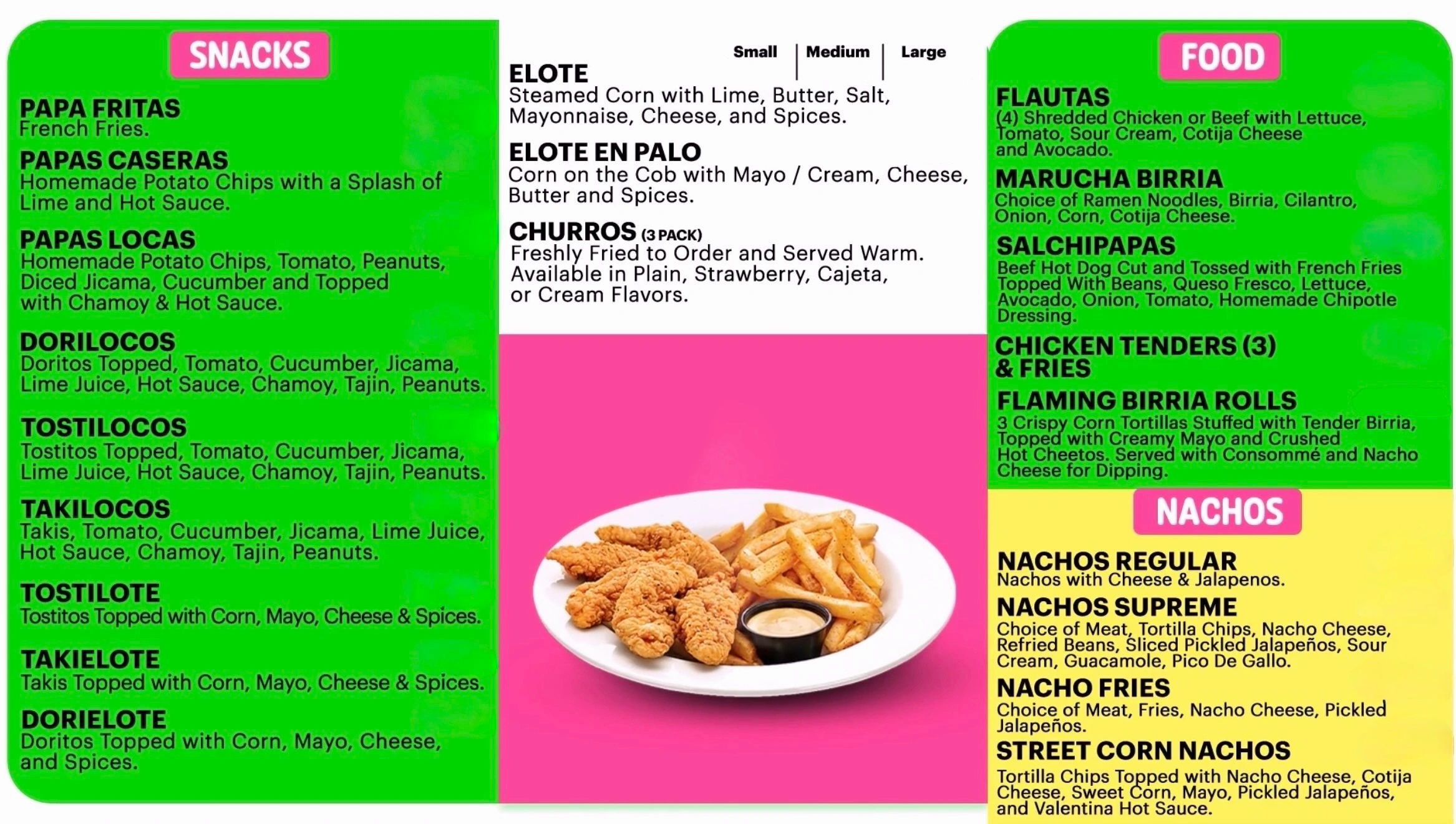 Menu featuring snacks, elote, food, and nachos with detailed ingredients.