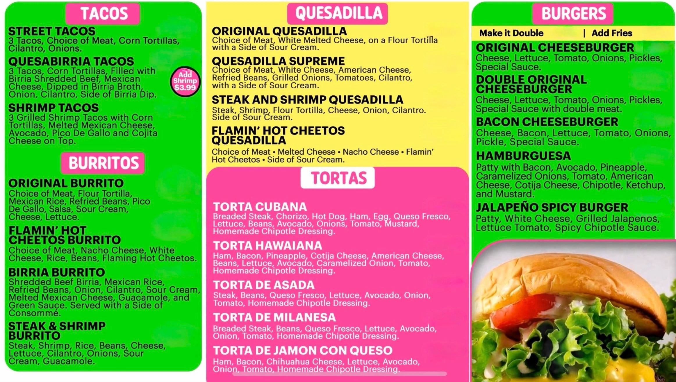 Menu featuring tacos, burritos, quesadillas, tortas, and burgers with various meat and cheese options.