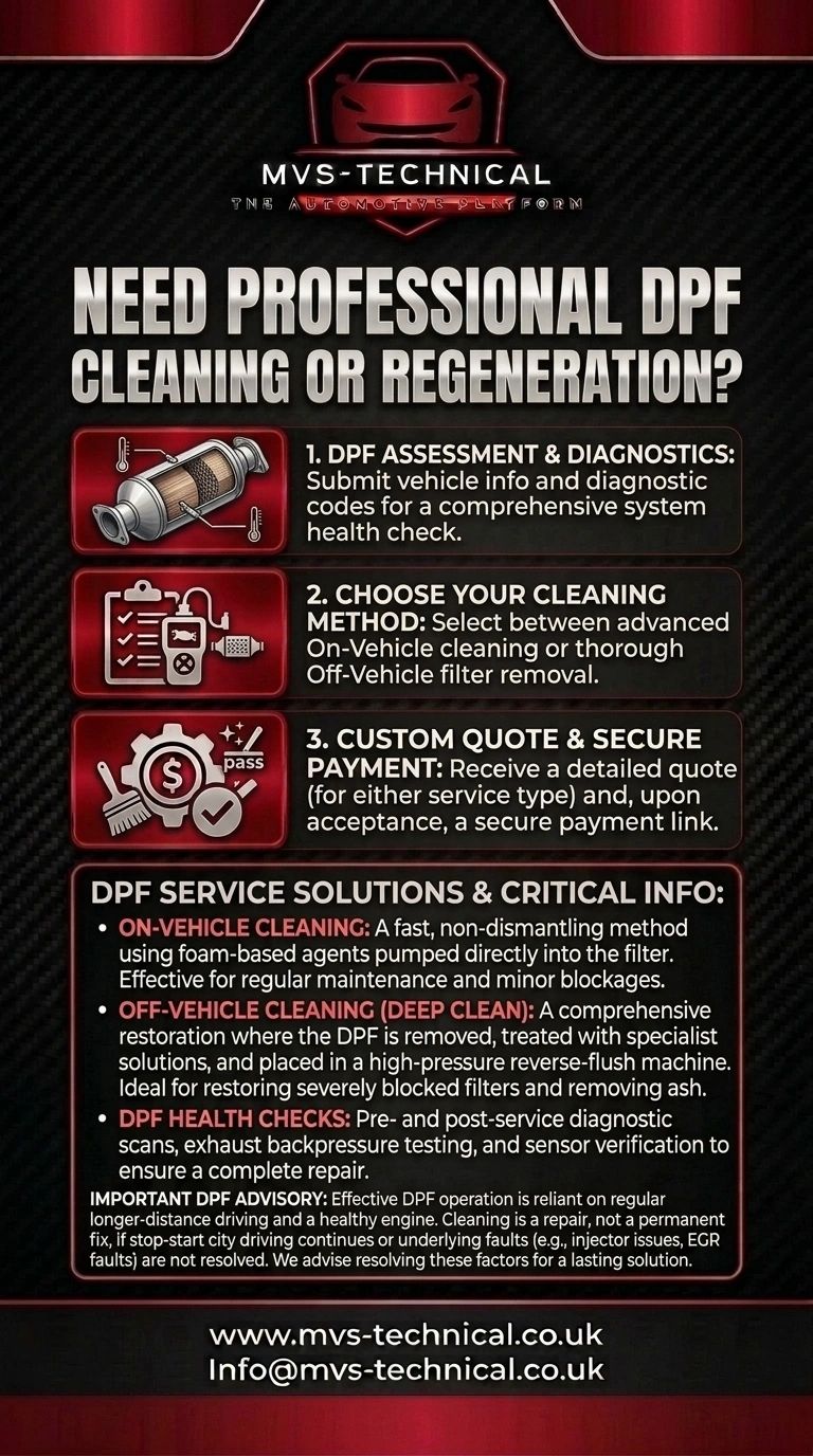 MVS-Technical offers professional DPF cleaning and regeneration services with assessment, cleaning options, quotes, and secure payment.