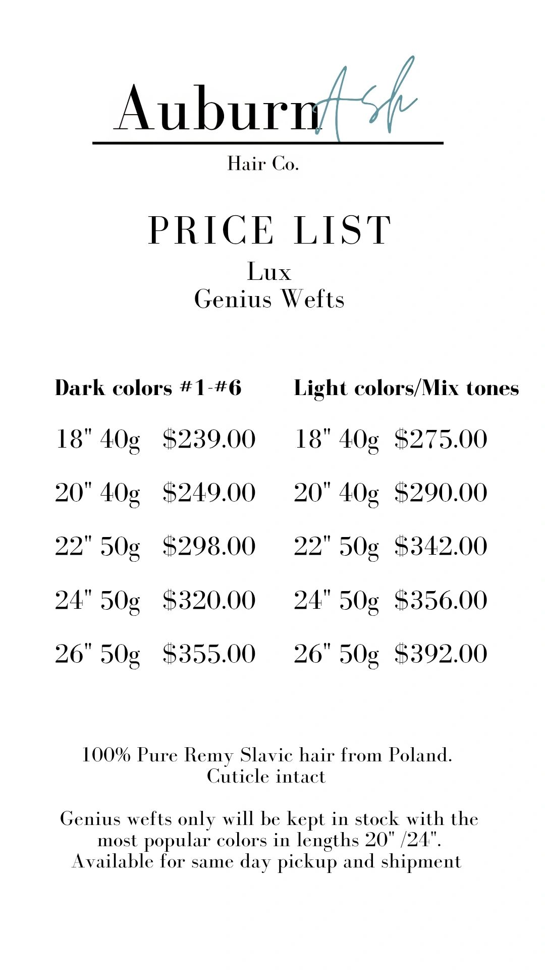 Price list for Lux Genius Wefts in dark and light colors with various lengths and weights.