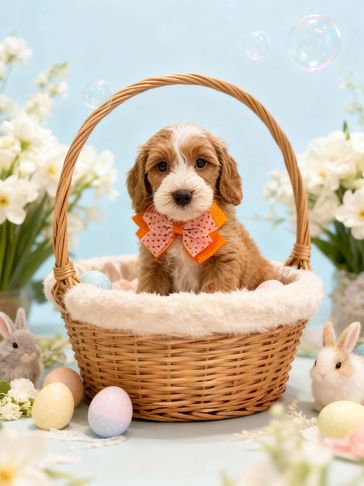 Adorable puppy with a bow sitting in a basket surrounded by Easter eggs and rabbits.