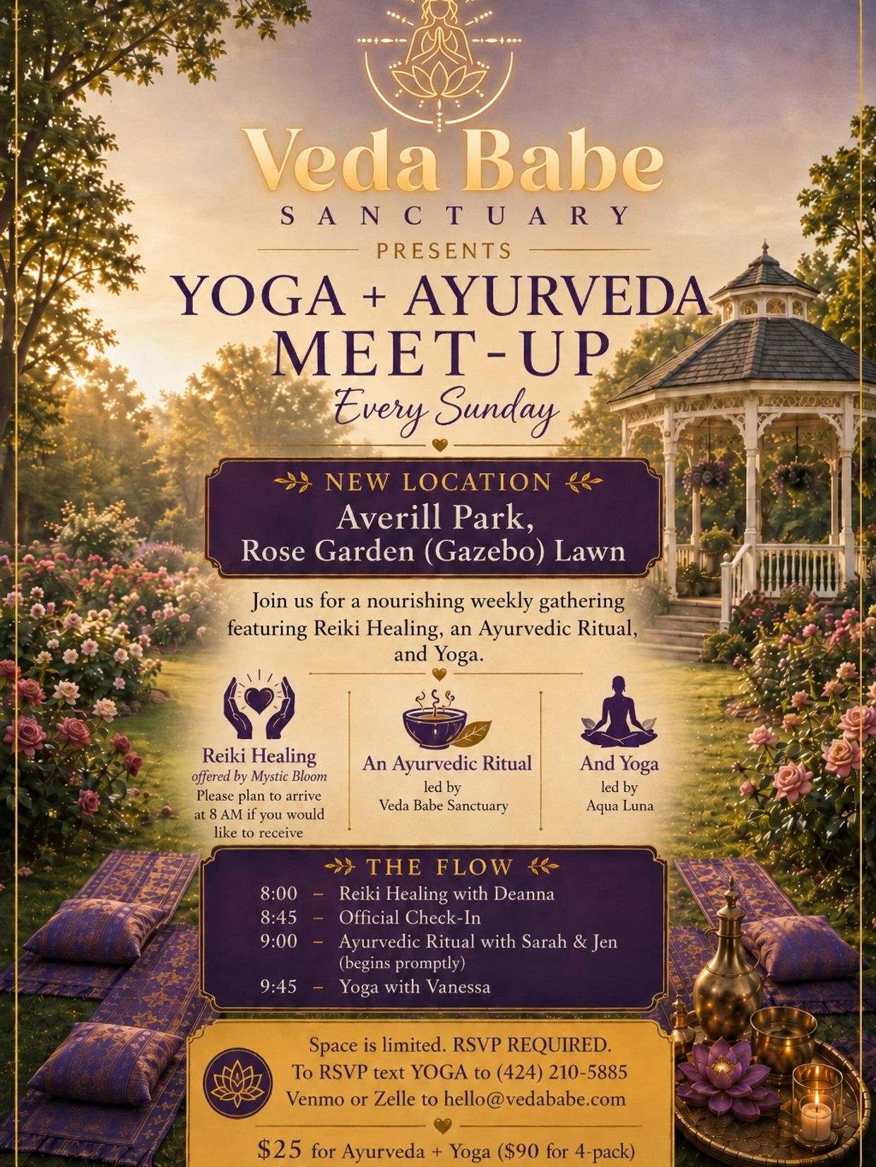 Weekly Sunday gathering at Averill Park gazebo for Reiki, Ayurveda, and Yoga.