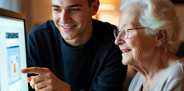 Un technicien qui explique quelque chose sur un écran à un sénior.
