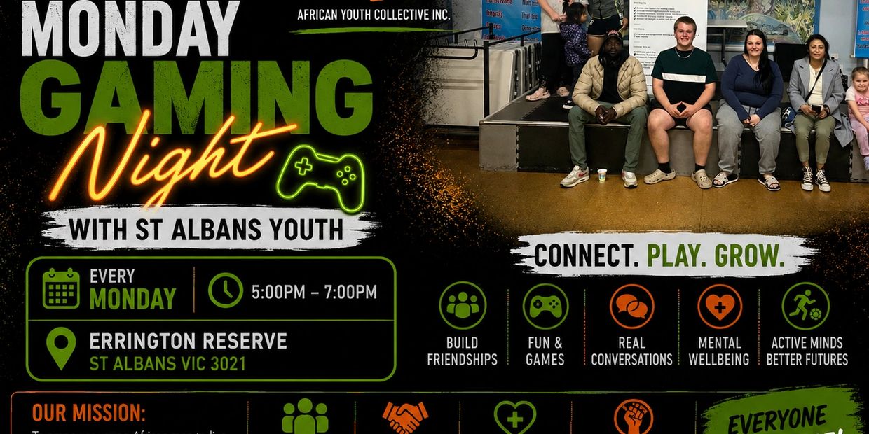 Poster for Monday Gaming Night with St Albans Youth at Errington Reserve.
