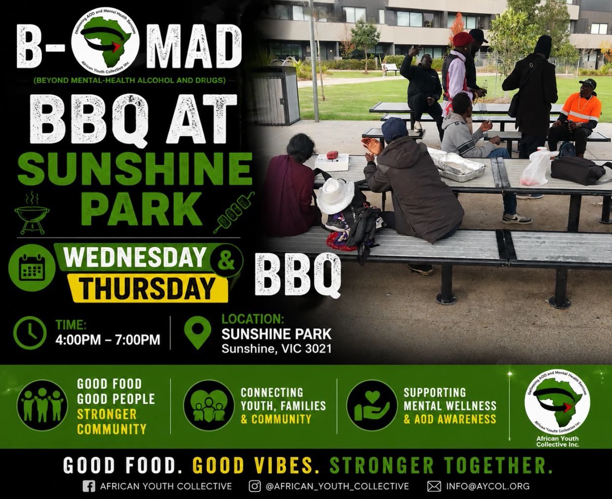 Community BBQ at Sunshine Park promoting mental health and connection.