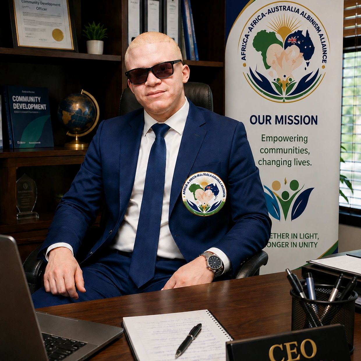 Professional albino CEO in a blue suit at his desk.