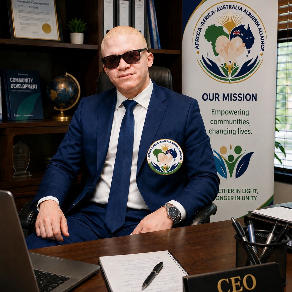 Professional albino CEO in a blue suit at his desk.