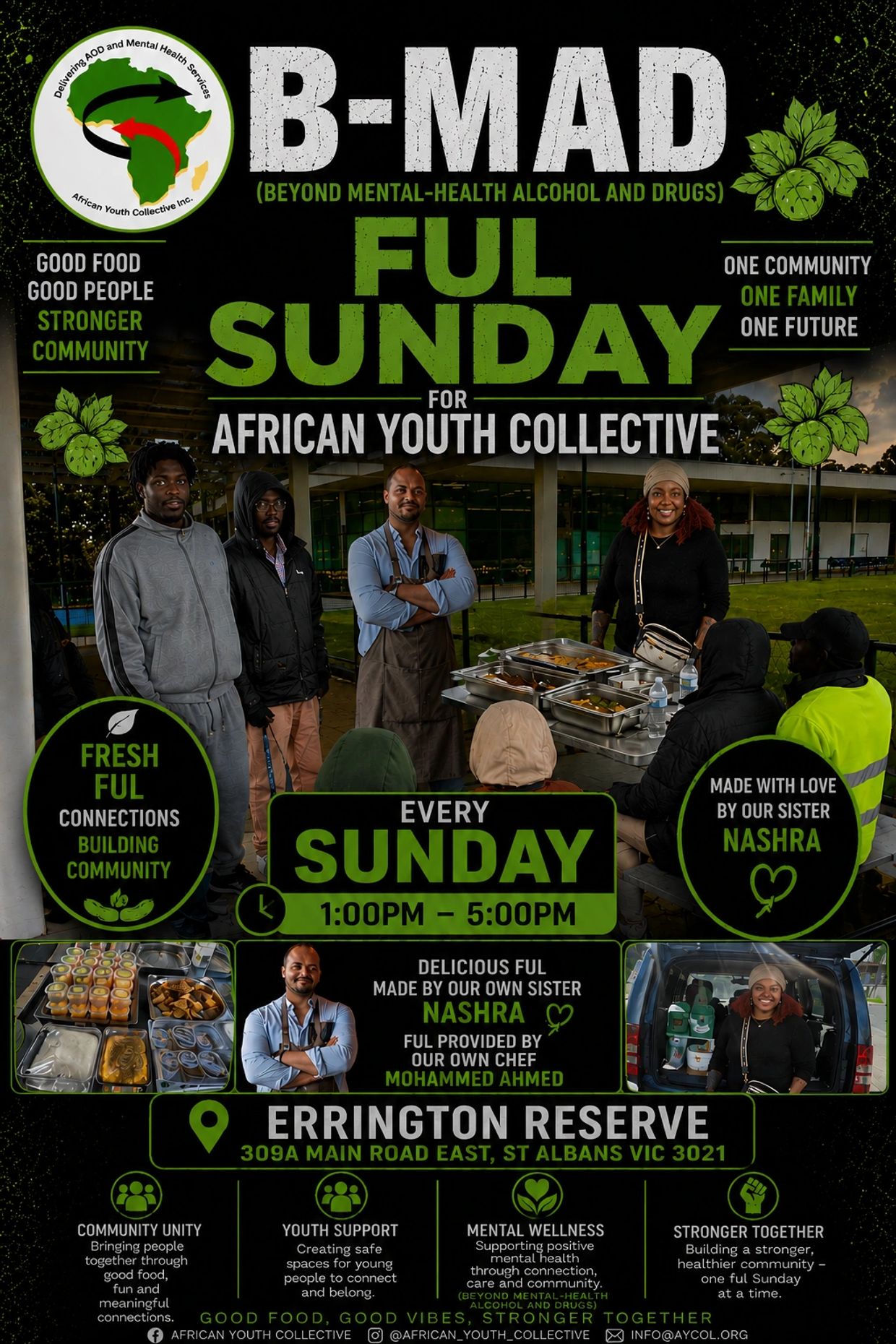 B-MAD Ful Sunday community event supporting African youth with food, connection, and mental wellness.