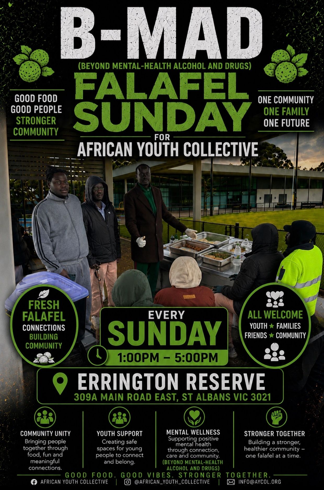 Community event serving fresh falafel for African youth every Sunday at Errington Reserve.