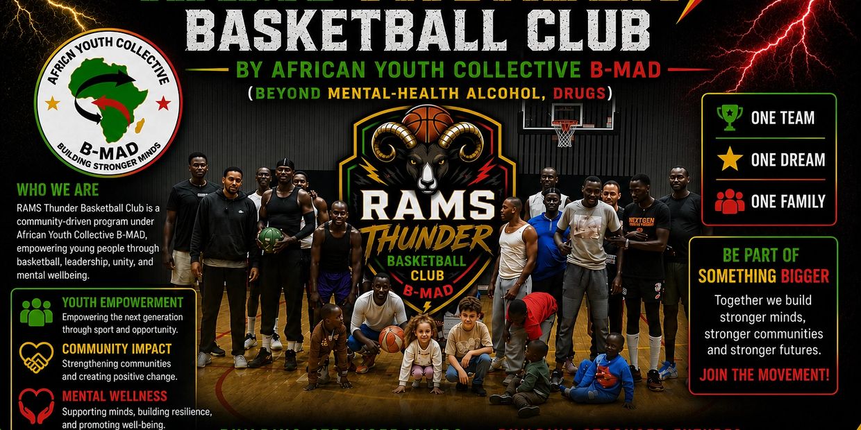 Group photo of diverse basketball players and kids from RAMS Thunder Basketball Club promoting youth empowerment.
