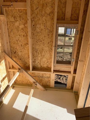 Inside the shelter of a Cottage Coop. Removable roosting poles help make cleaning out your coop even