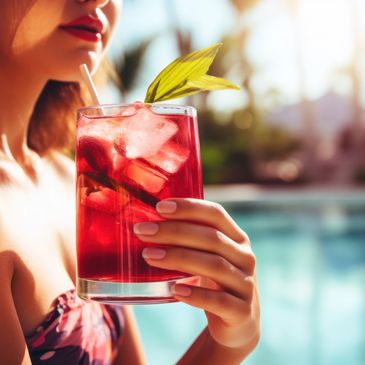 Woman holding a refreshing red iced drink by the poolside.