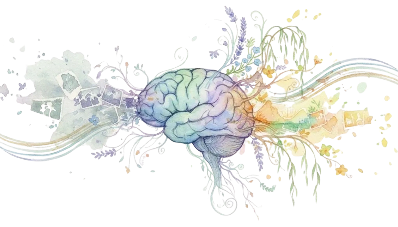 Graphic of a brain branching off stems displaying thoughts and memories