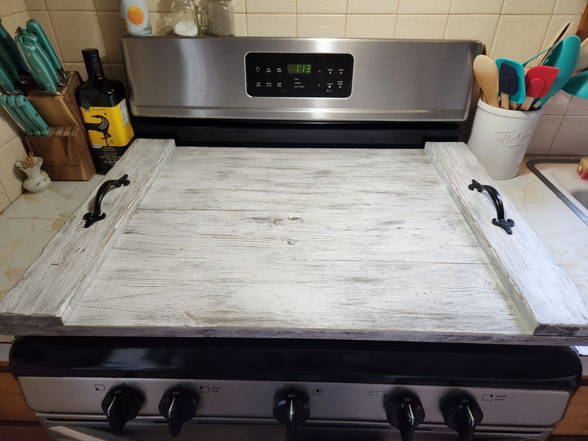 Distressed white noodle board/stove cover