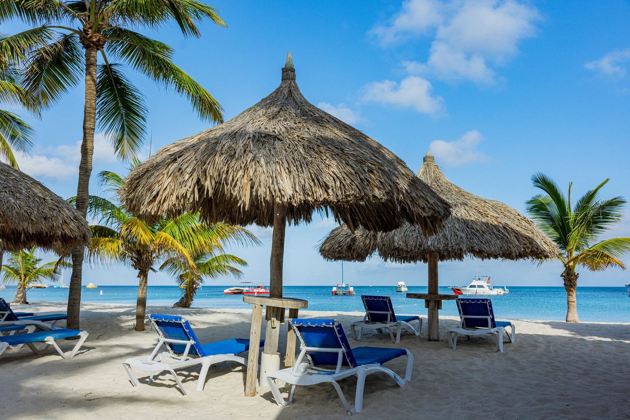 Beach loungers under thatched umbrellas by the ocean.