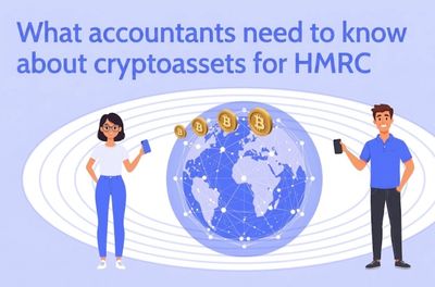 Illustration of accountants learning about cryptoassets for HMRC with global Bitcoin symbols.