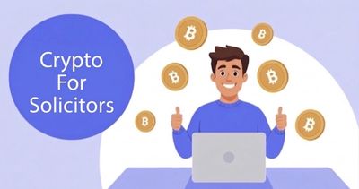 Illustration of a happy man with bitcoin symbols and 'Crypto For Solicitors' text.