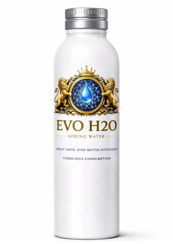 Elegant white EVO H2O spring water bottle with gold lions and blue water drop logo.