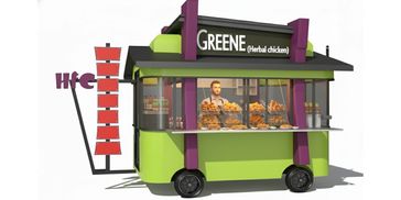 Green and purple food truck selling herbal chicken with a man inside.