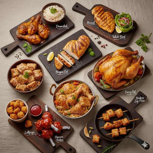 Variety of grilled and fried chicken dishes with rice and sauces.