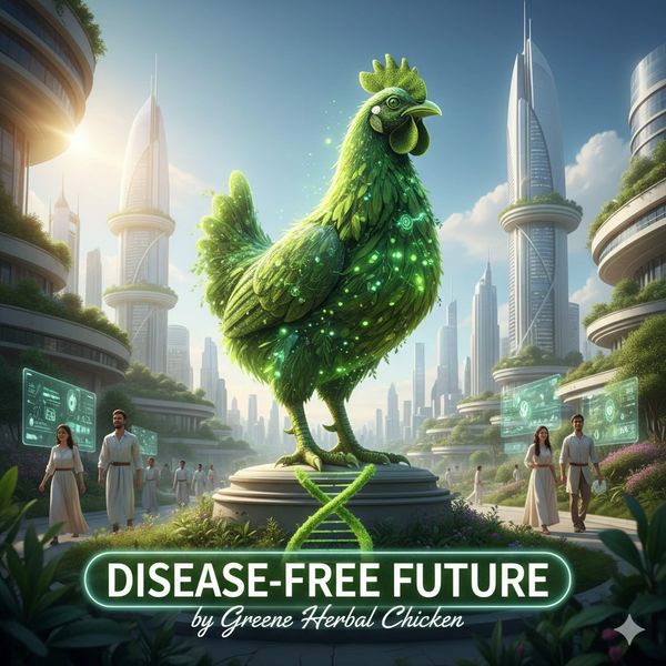 Futuristic city with a giant green herbal chicken statue symbolizing a disease-free future.