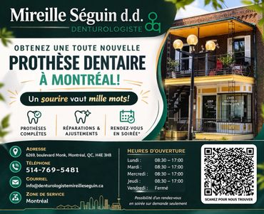 Ad for Mireille Séguin, denturist in Montreal offering dental prostheses and evening appointments.