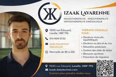 Professional business card for a manual therapy specialist in Lasalle.