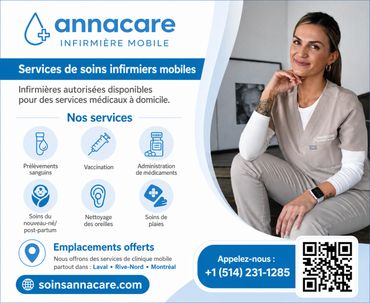 Annonce pour services d'infirmières mobiles à domicile avec contact et site web.