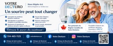 Advertisement for Votre Denturo dental clinics promoting smiles and care.