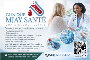 Flyer for Clinique Mjay Santé offering DNA and blood testing with various medical services.