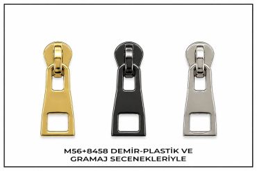 Üç metal fermuar çekici: altın, siyah ve gümüş.