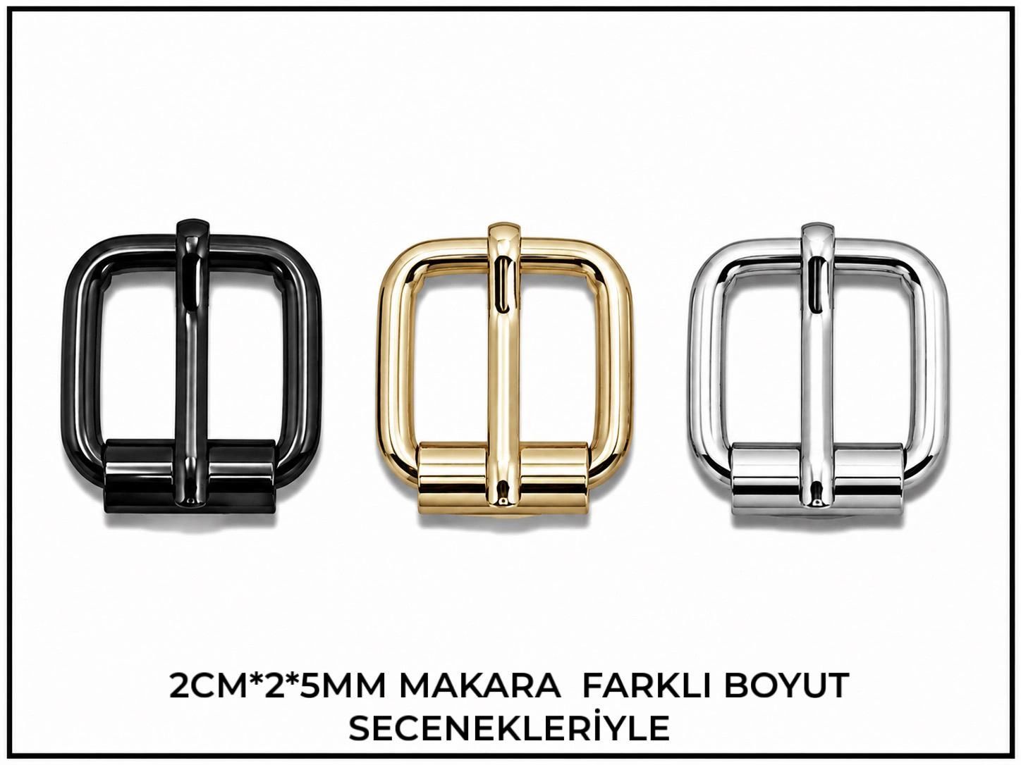 Farklı boyutlarda siyah, altın ve gümüş tokalar.